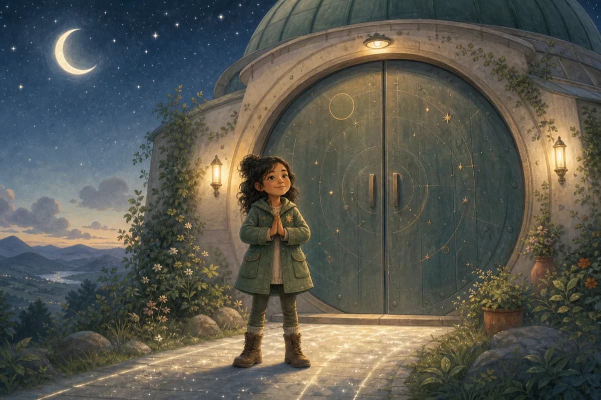 Fictional child hero Maya standing calmly before moonlit observatory doors.